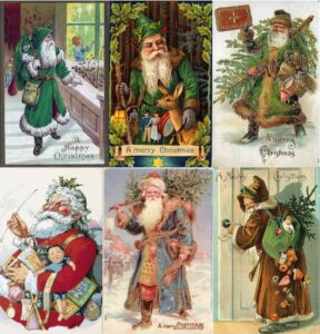 A collage of six vintage Victorian-era Christmas postcards featuring traditional Father Christmas 